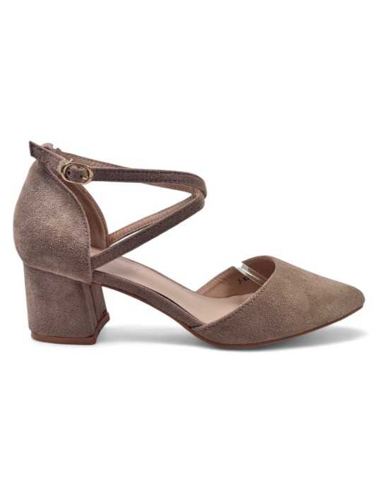 Sandalia beige de vestir, tacón bajo - Timbos Zapatos