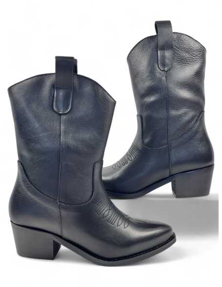 botín cowboy de piel para mujer color negro - Timbos zapatos