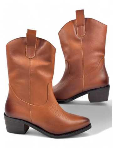 botín cowboy de piel para mujer color cuero - Timbos zapatos