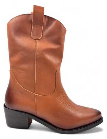 botín cowboy de piel para mujer color cuero - Timbos zapatos