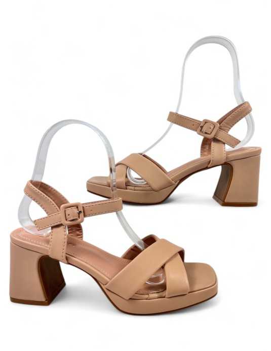 Sandalia de Tacón ancho para mujer color nude - Timbos Zapatos