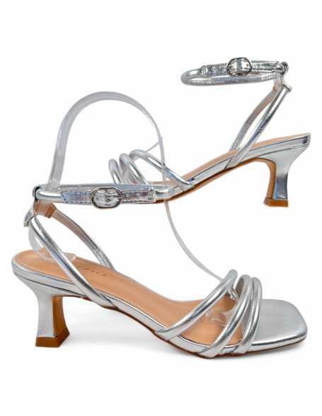 Sandalia de tacón fiesta destalonado color plata - Timbos zapatos
